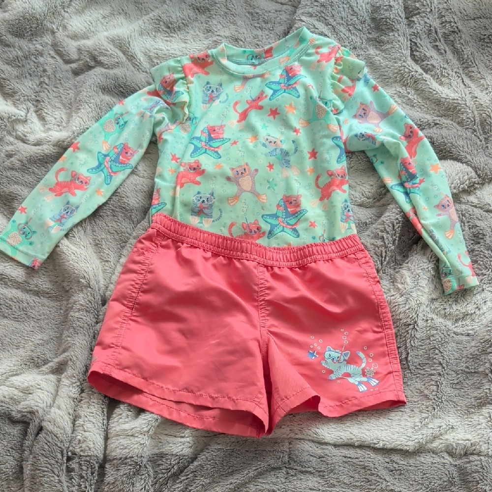 Uv Skin Kids Swim Shirt And Short - Mint and Coral Cat Print
